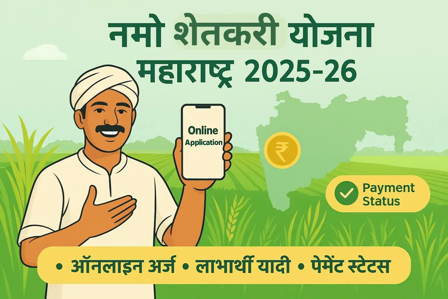 नमो शेतकरी योजना महाराष्ट्र 2025-26 फीचर इमेज – ऑनलाइन आवेदन, लाभार्थी यादी और पेमेंट स्टेटस